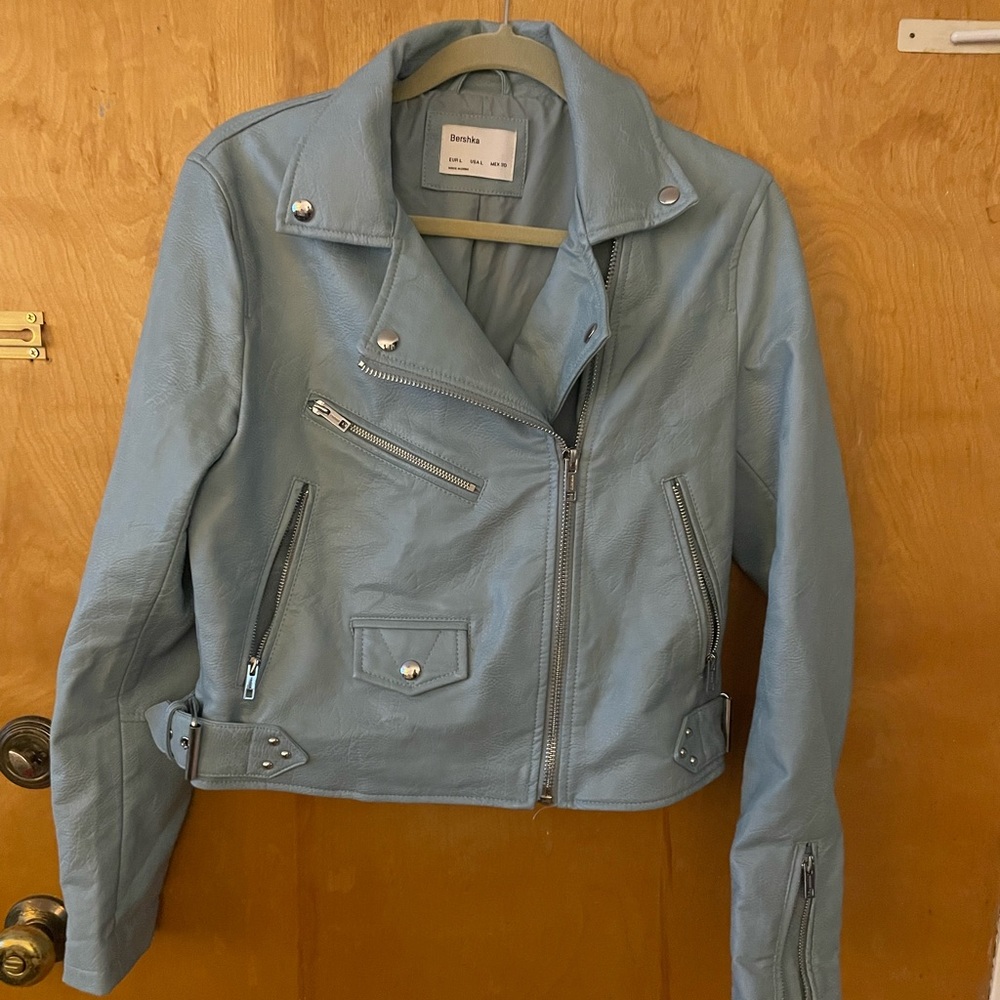 Bershka motorcycle jacket light blue OBO
